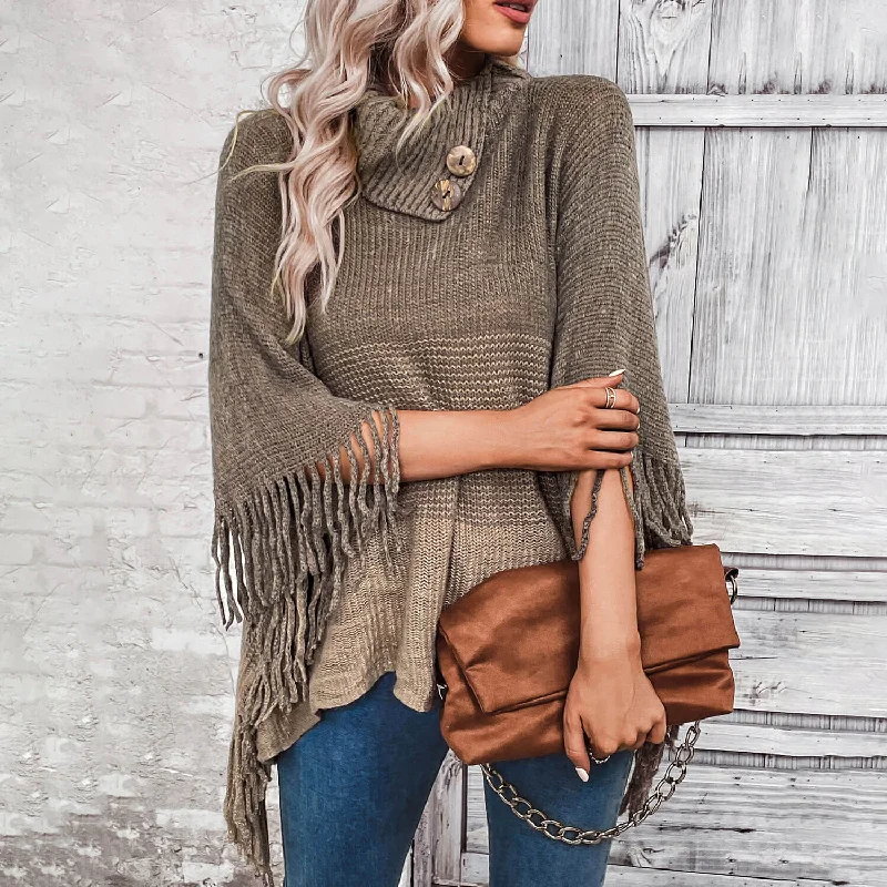 Color - Blocked Women Sweater for a Bold Fashion StatementBoho Chic Button Trim Split Turtleneck Color Panel Fringe Oversized Knit Cape Sweater