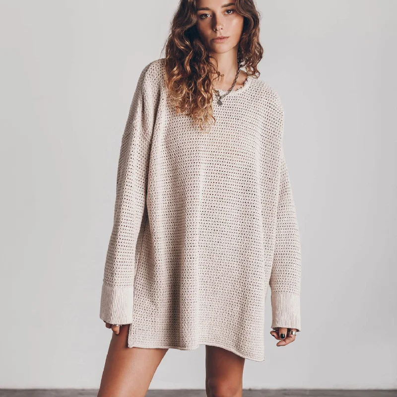 Cable - Knit Women Sweater with Intricate PatternsBoho Oversized Open Knit Round Neck Long Sleeve Drop Shoulder Side Split Sweater