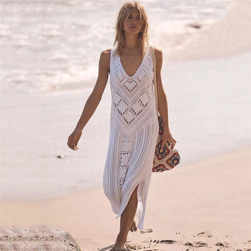 V - Neck Women Sweater to Elongate the NecklineBoho Scalloped Trim Sleeveless Pointelle Crochet Knit White Cover Up Dress