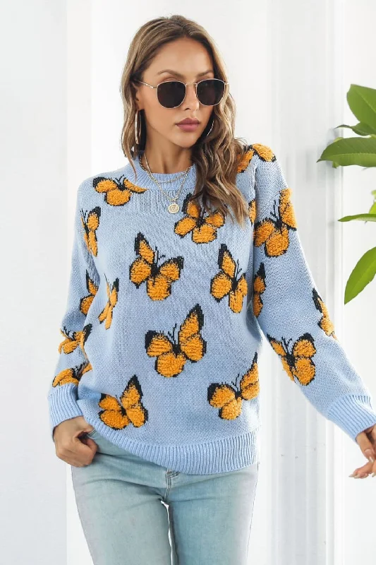 Button - Down Women Sweater for a Versatile LookButterfly Pattern Round Neck Dropped Shoulder Sweater