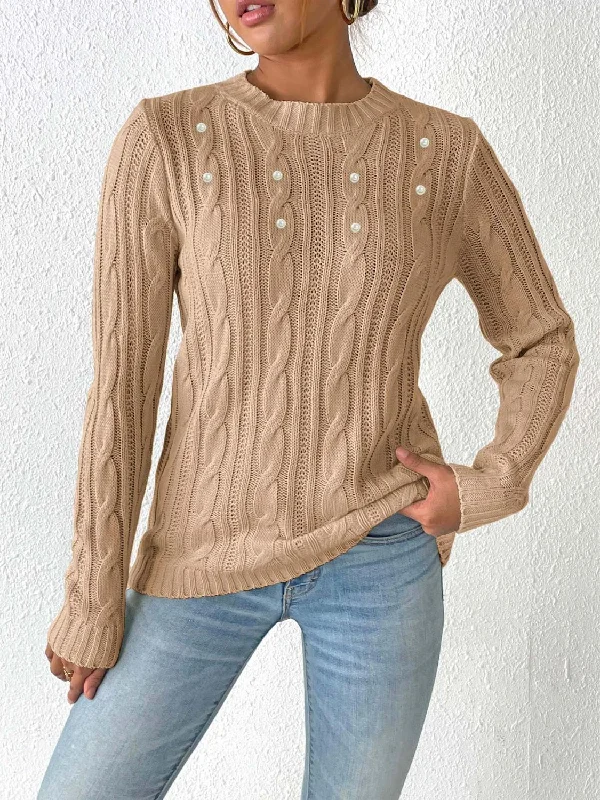 Cropped Women Sweater to Pair with High - Waisted BottomsCable-Knit Round Neck Long Sleeve Sweater