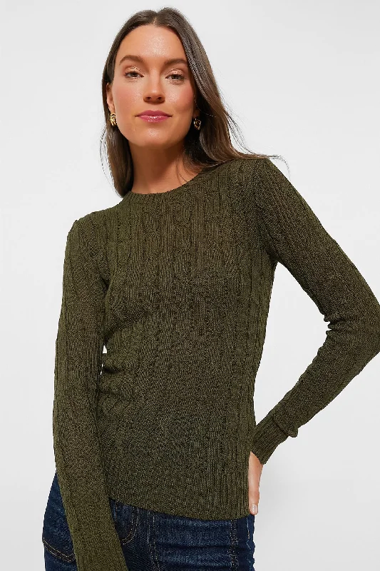 Cropped Women Sweater to Pair with High - Waisted BottomsCanopy Olive Cableknit Pullover