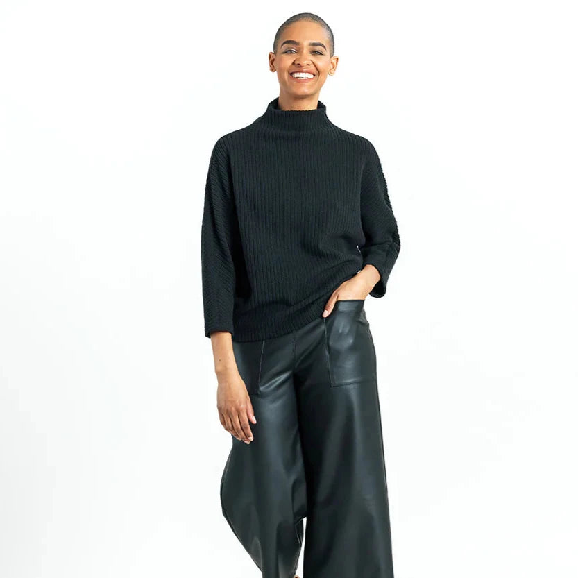 Cropped Women Sweater to Pair with High - Waisted BottomsChunky Ribbed - Funnel Neck Modern Sweater Top - Black