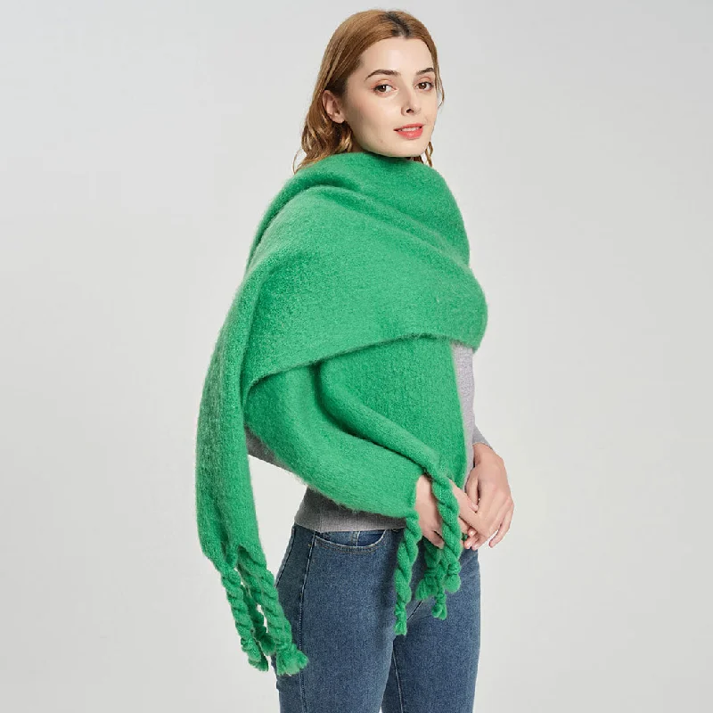 V - Neck Women Sweater to Elongate the NecklineComfy Solid Green Twisted Fringe Chunky Boucle Knit Scarf