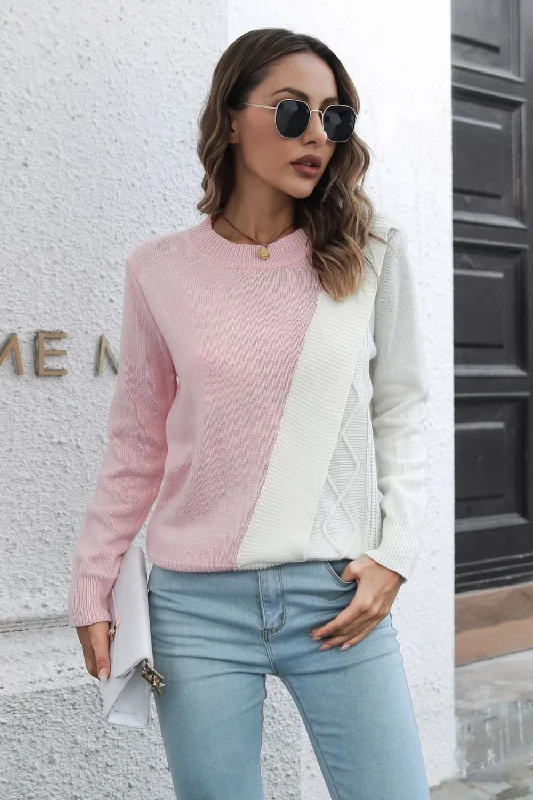 V - Neck Women Sweater to Elongate the NecklineContrast Color Round Neck Long Sleeve Sweater