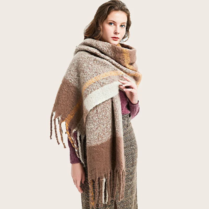 Hooded Women Sweater for Added Comfort and StyleContrast Plaid Pattern Fringe Double Sided Boucle Knit Brown Scarf