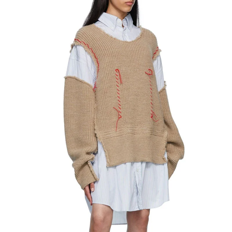 Striped Women Sweater with a Timeless PatternDeconstructed Frayed Trim Contrast Stitch Layer Effect Oversized Shirt - Stripe