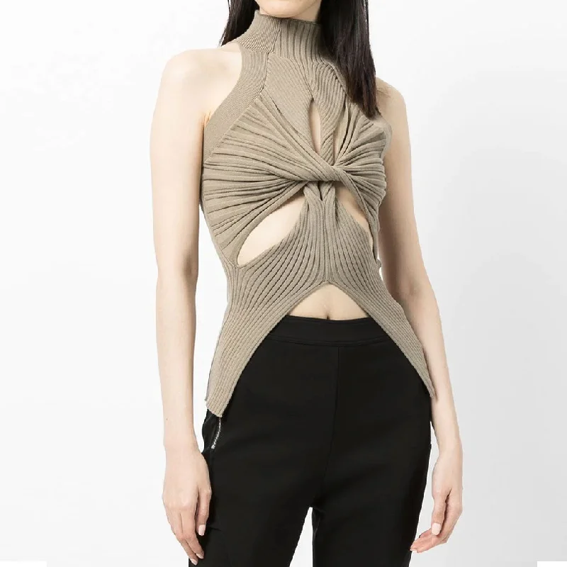 Hooded Women Sweater for Added Comfort and StyleEdgy Twisted Cutout Front High Neck Racer Back Ribbed Knit Tank Top - Khaki