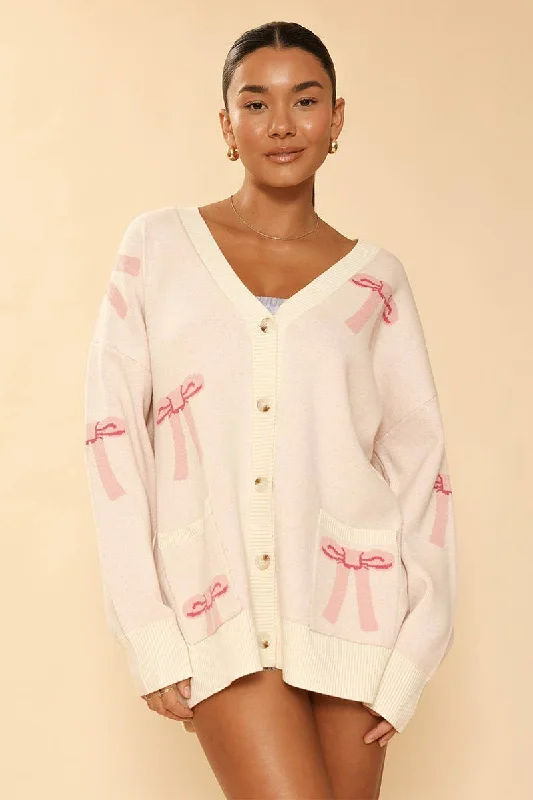 Cashmere Women Sweater with a Luxurious Soft TouchBow Knit Cardi Pink