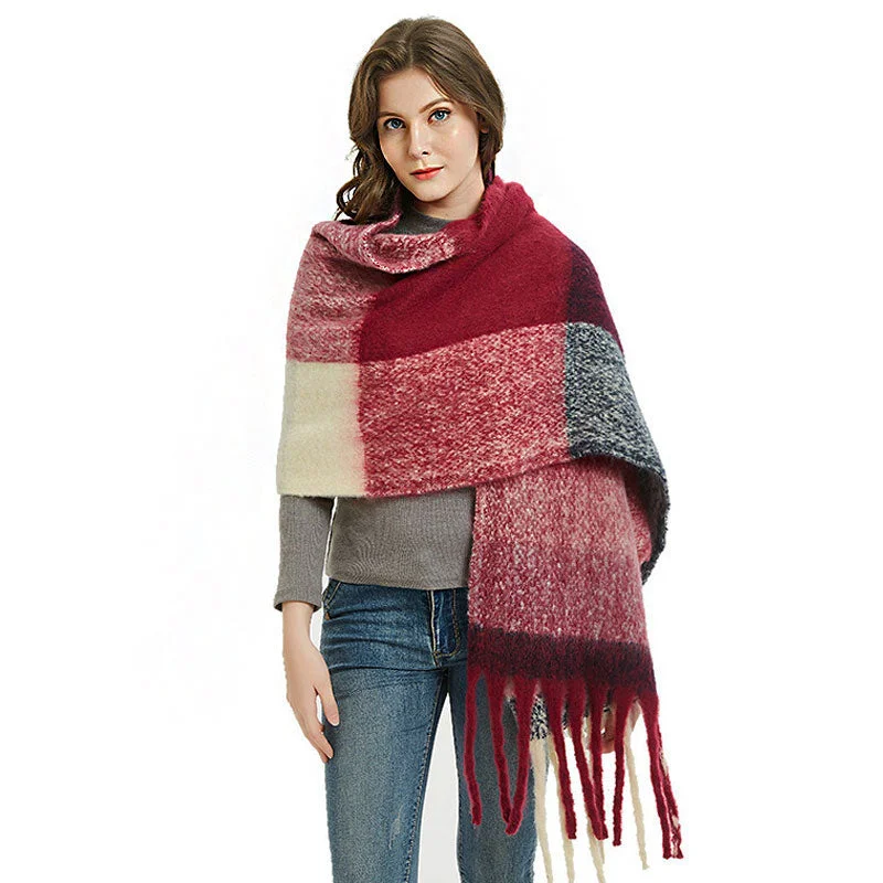 Cropped Women Sweater to Pair with High - Waisted BottomsMulticolor Burgundy Check Pattern Fringe Trim Oversized Knit Scarf