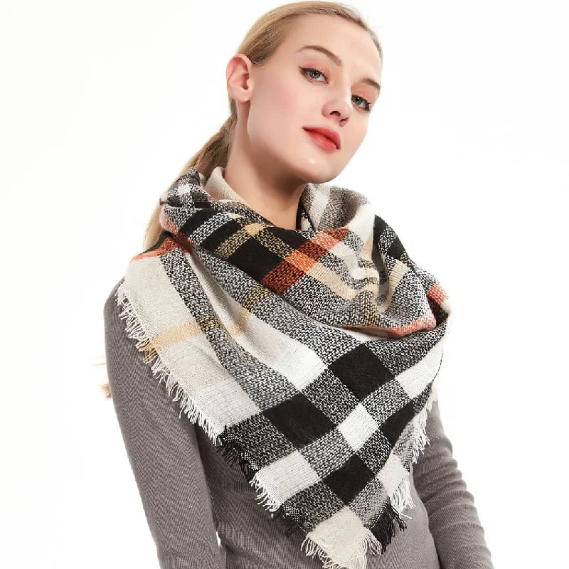 Turtleneck Women Sweater for a Classic and Elegant StyleMulticolor Contrast Plaid Pattern Frayed Hem Knit Triangle Scarf