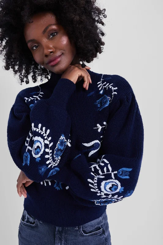 Striped Women Sweater with a Timeless PatternNavy Inga Embroidery Longsleeve High Neck Sweater