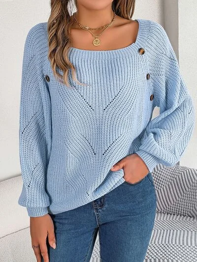 Long - Sleeve Women Sweater with Ribbed CuffsOpenwork Buttoned Square Neck Sweater