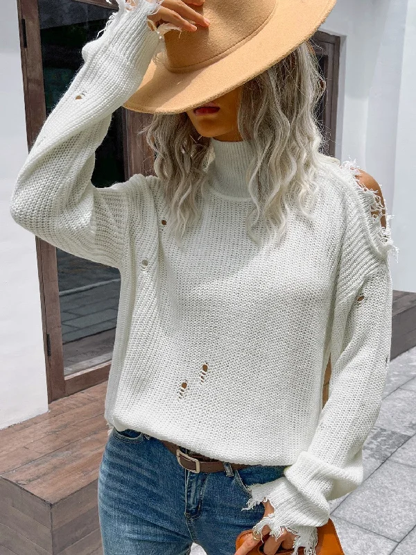 Button - Down Women Sweater for a Versatile LookPerfee Distressed High Neck Cold-Shoulder Sweater