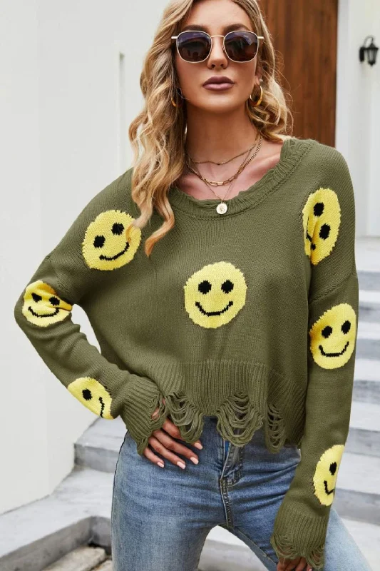 Hooded Women Sweater for Added Comfort and StyleSmiley Face Distressed Round Neck Sweater