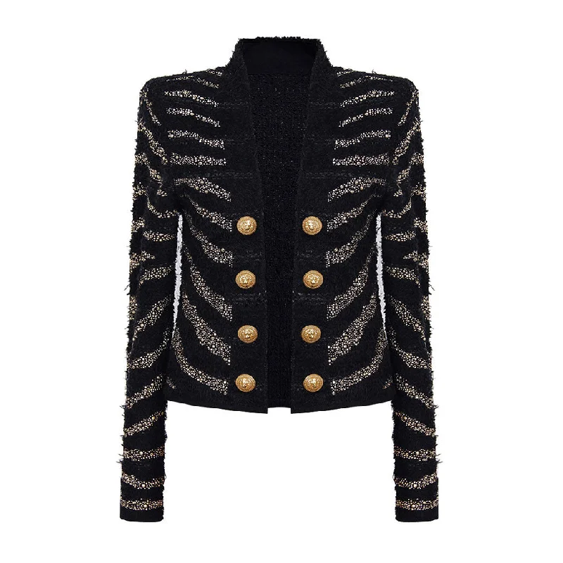 Chunky Knit Women Sweater for Winter WarmthSparkly Diamante Studded Zebra Print Long Sleeve Open Front Tweed Knit Jacket