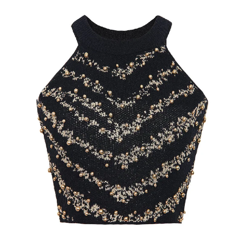 Cropped Women Sweater to Pair with High - Waisted BottomsSparkly Lurex Two Tone Charon Stripe Beaded Detail Crew Neck Crop Knit Tank Top