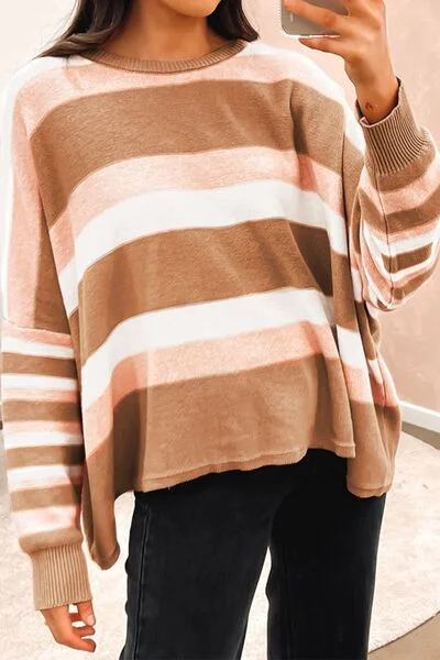 Cable - Knit Women Sweater with Intricate PatternsStriped Round Neck Long Sleeve Sweater