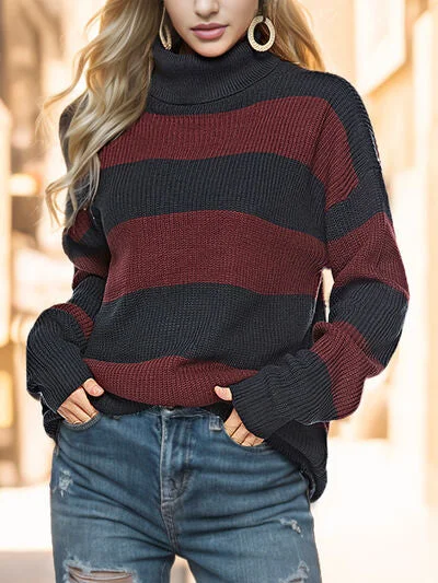 Striped Women Sweater with a Timeless PatternStriped Turtleneck Long Sleeve Sweater