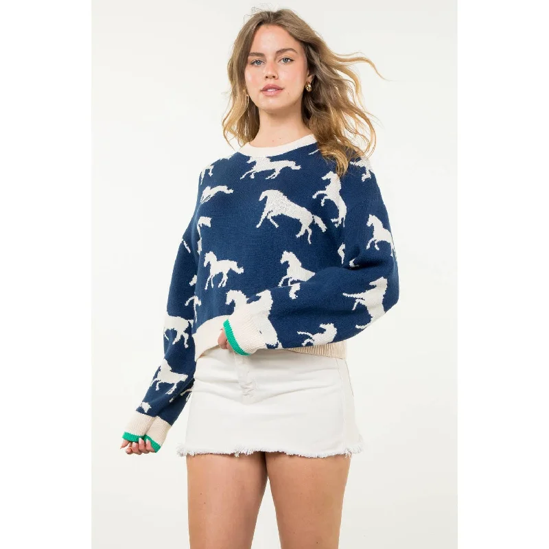 Mock - Neck Women Sweater for a Modern TwistNavy Horse Print Sweater