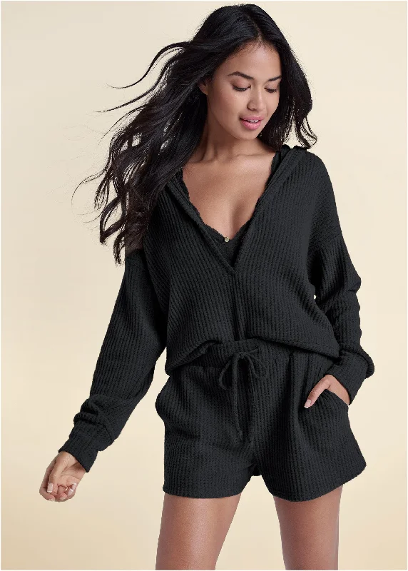 V - Neck Women Sweater to Elongate the NecklineBrushed Waffle Short Set  - Black