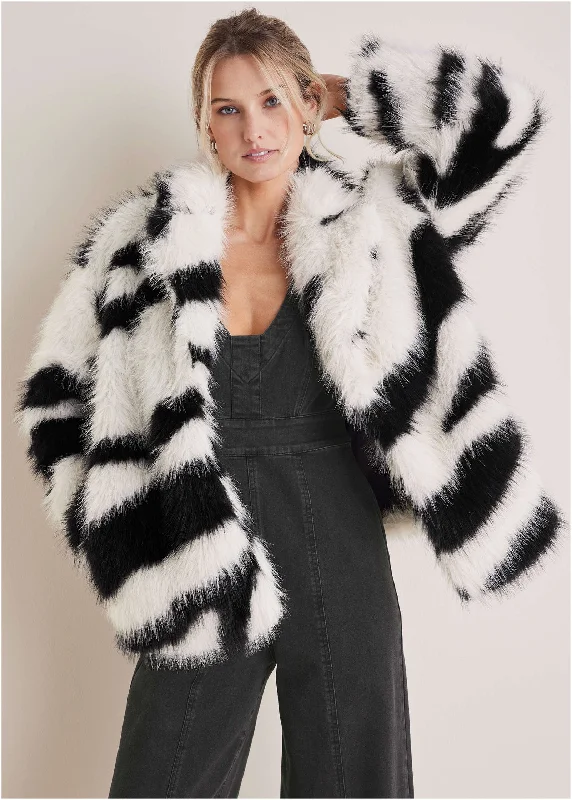 Striped Women Sweater with a Timeless PatternZebra Print Faux Fur Coat - White Multi