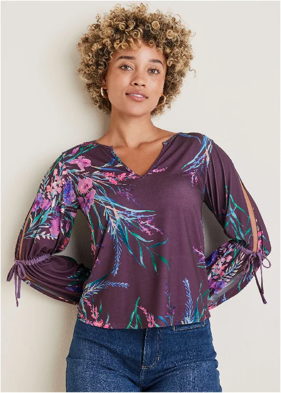 Plus - Size Women Sweater with a Flattering FitTie Sleeve Blouse - Regal Wildflowers