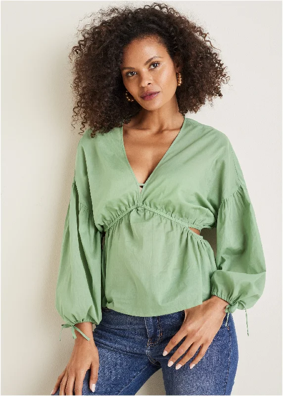 Open - Front Women Sweater for Easy LayeringVoile Cut Out Blouse - Basil