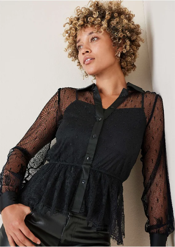 Hand - Knitted Women Sweater with Artisanal CharmSheer Lace Blouse - Black