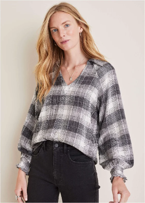 Button - Down Women Sweater for a Versatile LookBrushed Plaid Blouse - Grey Plaid