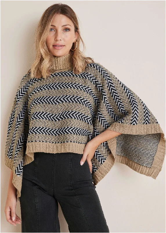 Oversized Women Sweater for a Cozy and Fashionable LookSweater Poncho - Tan Combo