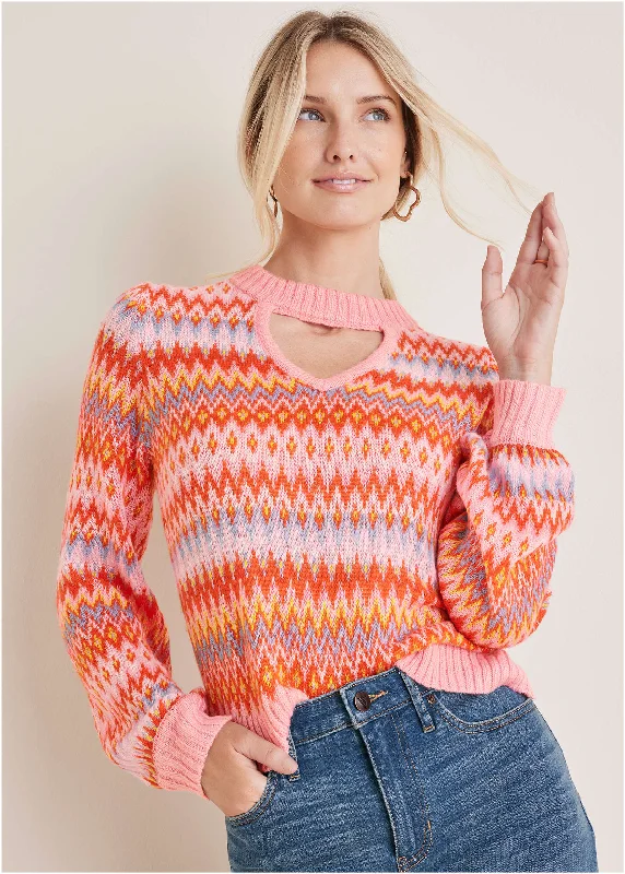 Color - Blocked Women Sweater for a Bold Fashion StatementFair Isle Mock Neck Sweater - Peach Dust