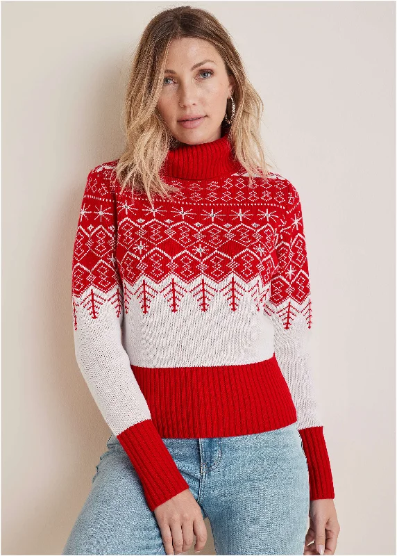 Turtleneck Women Sweater for a Classic and Elegant StyleEmbellished Holiday Sweater - Red Snowflake Multi