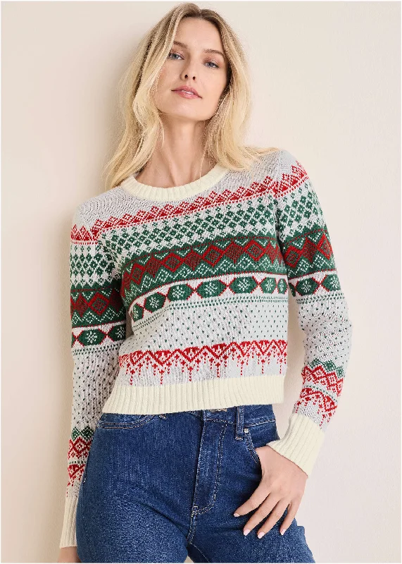 Color - Blocked Women Sweater for a Bold Fashion StatementFair Isle Sweater - Red & Green Multi