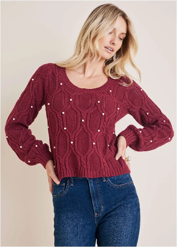 Hand - Knitted Women Sweater with Artisanal CharmPearl Detail Sweater  - Wine