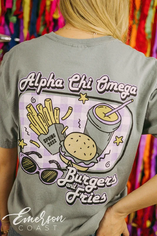 Muscle Women T Shirt for a Sporty and Casual LookAlpha Chi Omega Philanthropy Burgers and Fries Tee