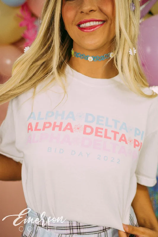 Crew Neck Women T Shirt with a Timeless DesignAlpha Delta Pi Bid Day Colorful Flower Tee