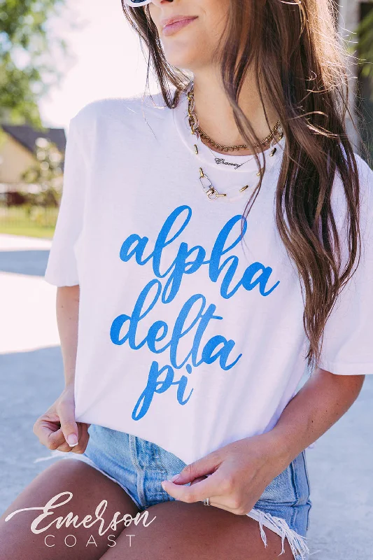 Sequined Women T Shirt for a Sparkly Night OutAlpha Delta Pi Recruitment Blue Script Tee