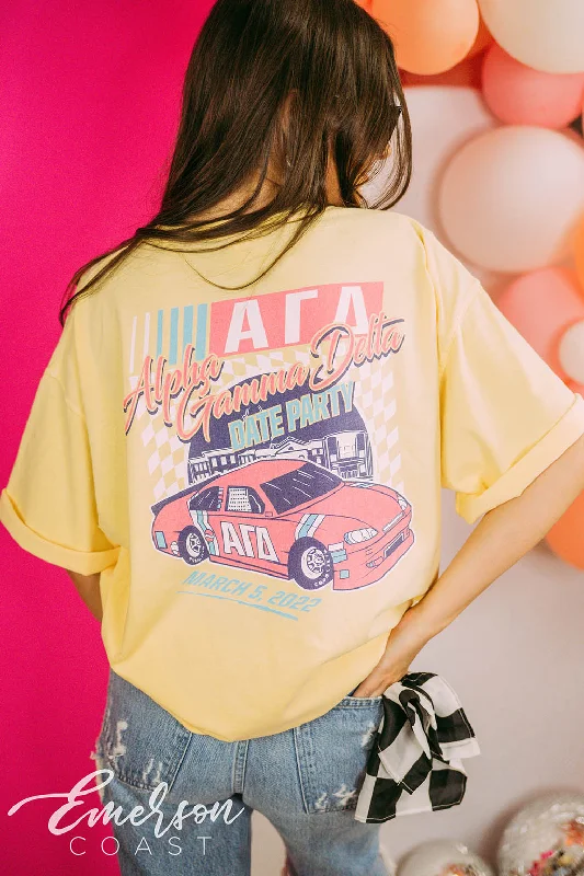 Tie - Dye Women T Shirt with a Bohemian VibeAlpha Gamma Delta Date Party Nascar Tee