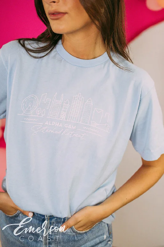 Embroidered Women T Shirt with Intricate DetailsAlpha Gamma Delta Sisterhood Skyline Tee