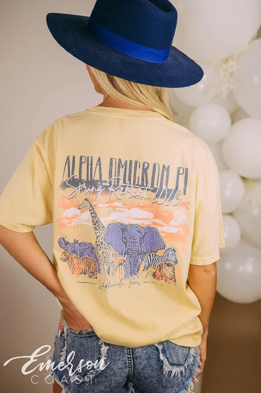 Distressed Women T Shirt with a Laid - Back AestheticAlpha Omicron Pi Spring Retreat At The Zoo Tee