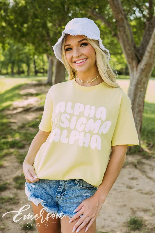 Distressed Women T Shirt with a Laid - Back AestheticAlpha Sigma Alpha PR Yellow Smiley Face Tee