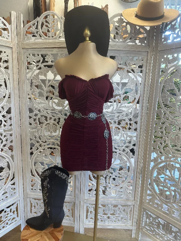 Lace - Embellished Women Dress for an Elegant and Sophisticated AppearanceLace - Embellished Women Dress for an Elegant and Sophisticated AppearanceBurgundy Ruched Mini Dress