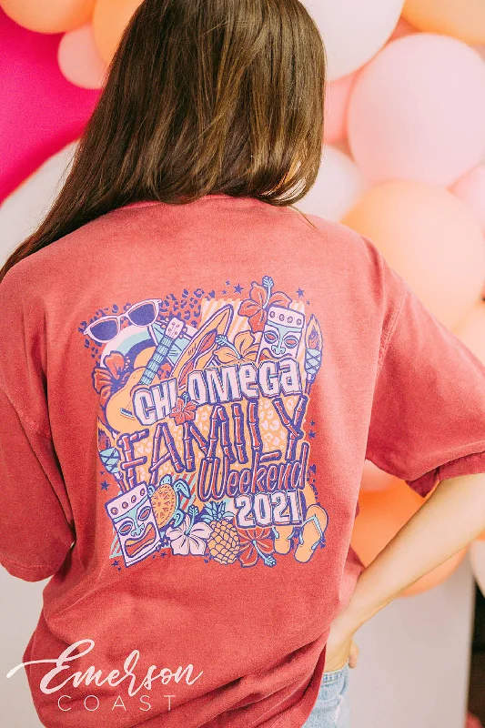 Distressed Women T Shirt with a Laid - Back AestheticChi Omega Family Weekend Hawaiian Tee