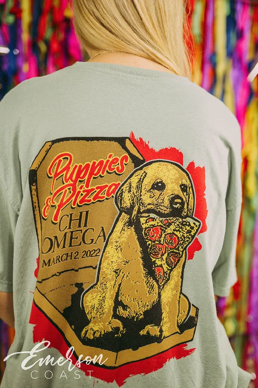 Sheer Women T Shirt for a Stylish and Alluring LookChi Omega Philanthropy Puppies and Pizza Tee