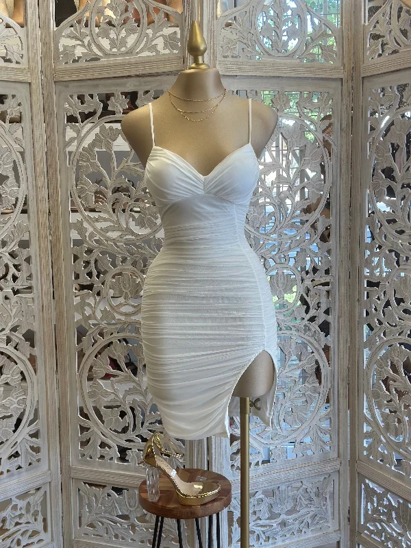 Pleated Women Dress with a Timeless and Elegant TexturePleated Women Dress with a Timeless and Elegant TextureWhite Slit Mini Dress