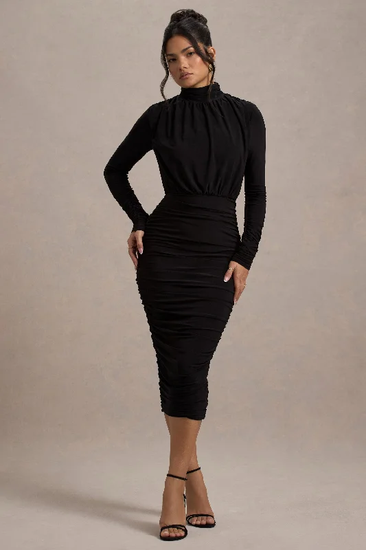 Long - Sleeve Women Dress in Velvet for a Luxurious Winter LookLong - Sleeve Women Dress in Velvet for a Luxurious Winter LookDasha |  Black Ruched High-Neck Long-Sleeve Midi Dress