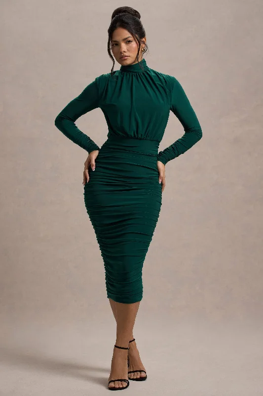 Strapless Women Dress with a Built - in Bra for Comfort and SupportStrapless Women Dress with a Built - in Bra for Comfort and SupportDasha | Bottle Green Ruched High-Neck Long-Sleeve Midi Dress