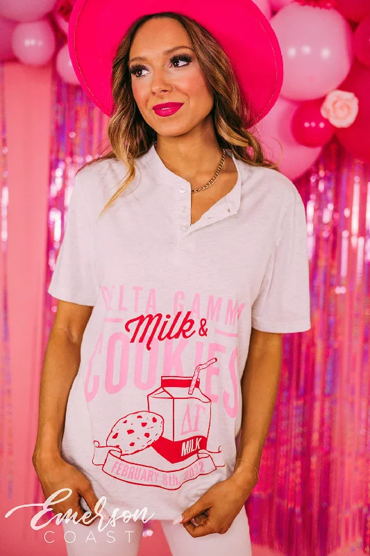 Crew Neck Women T Shirt with a Timeless DesignDelta Gamma Milk and Cookies Heather Henley