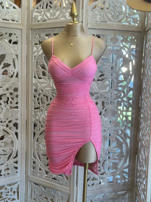 Halter Neck Women Dress to Show Off the Shoulders and NecklineHalter Neck Women Dress to Show Off the Shoulders and NecklineFlamingo Pink Slit Mini Dress